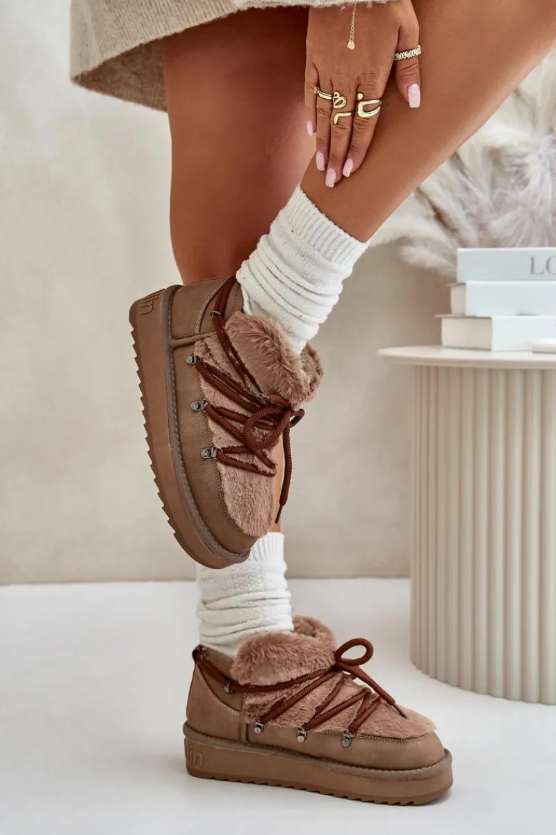 Best Niskie Śniegowce Na Platformie Z Futerkiem DFSH370011 Brązowe Damskie Śniegowce Damskie