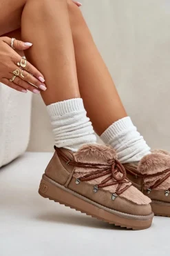 Best Niskie Śniegowce Na Platformie Z Futerkiem DFSH370011 Brązowe Damskie Śniegowce Damskie
