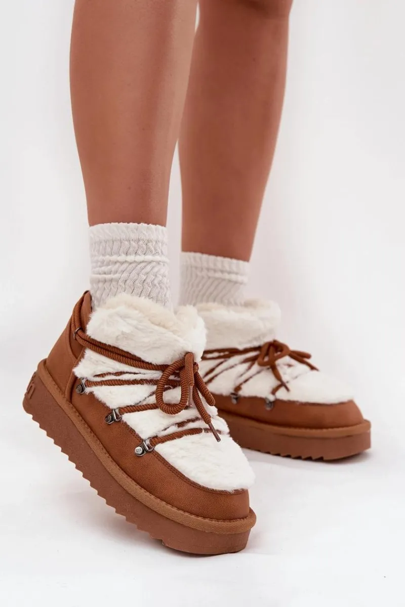 Śniegowce Damskie>D.Franklin Niskie Śniegowce Na Platformie Z Futerkiem DFSH370011 Camel Brązowy