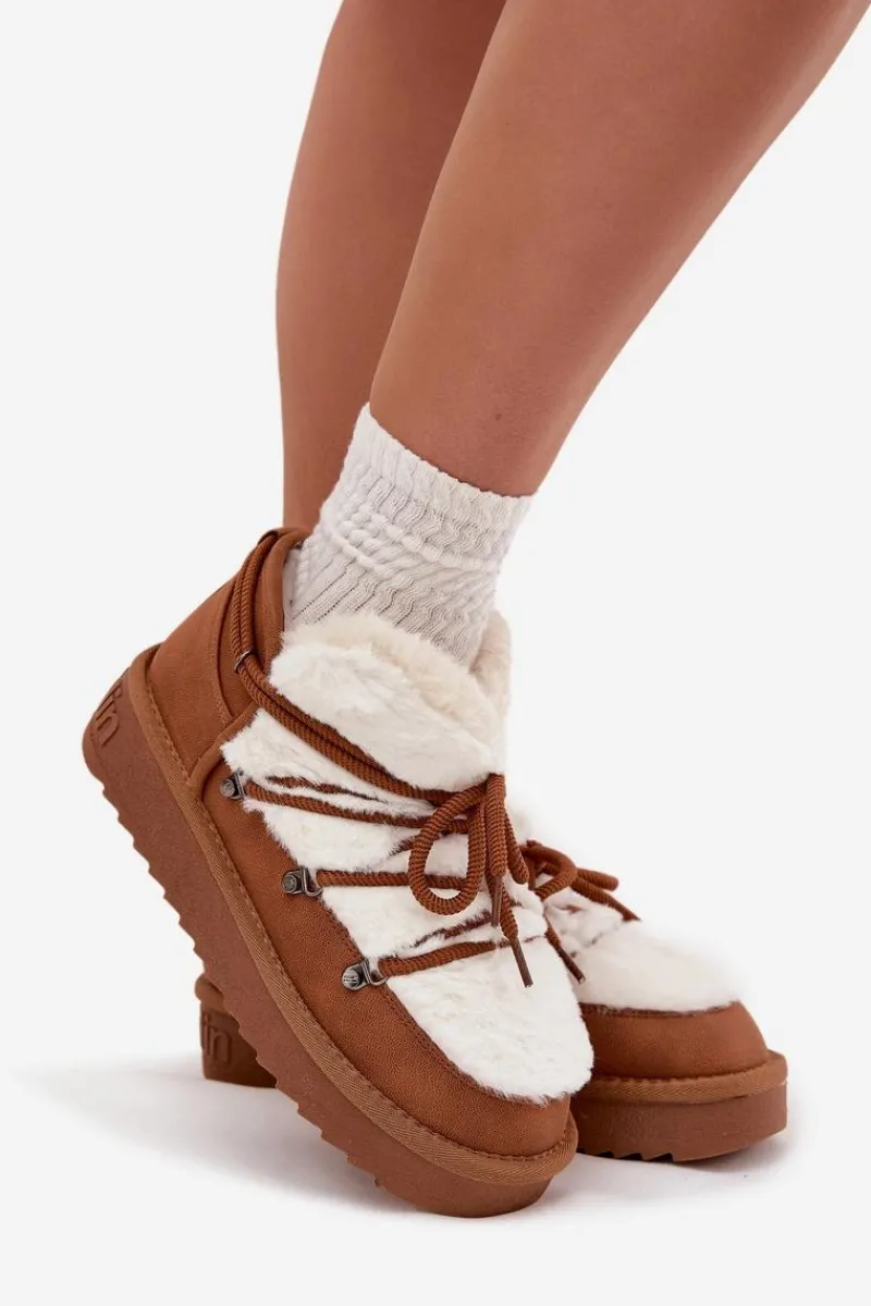Śniegowce Damskie>D.Franklin Niskie Śniegowce Na Platformie Z Futerkiem DFSH370011 Camel Brązowy