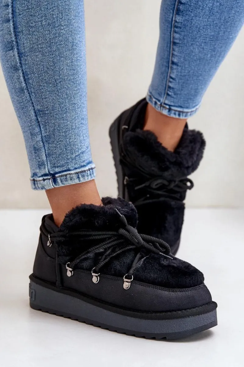 Śniegowce Damskie>D.Franklin Niskie Śniegowce Na Platformie Z Futerkiem DFSH370011 Czarne Czarny