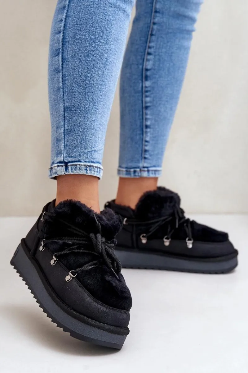 Śniegowce Damskie>D.Franklin Niskie Śniegowce Na Platformie Z Futerkiem DFSH370011 Czarne Czarny