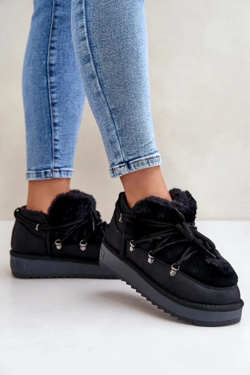 Śniegowce Damskie>D.Franklin Niskie Śniegowce Na Platformie Z Futerkiem DFSH370011 Czarne Czarny