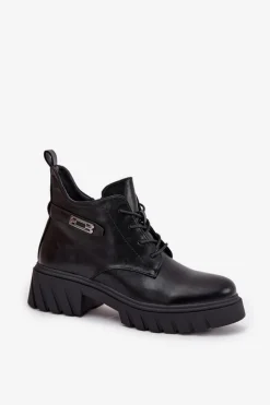 New Niskie Ocieplane Botki Damskie Na Klocku Z Ozdobnym Paskiem Czarne Therisse Damskie Botki Ocieplane|Botki Sznurowane