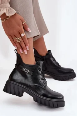 New Niskie Ocieplane Botki Damskie Na Klocku Z Ozdobnym Paskiem Czarne Therisse Damskie Botki Ocieplane|Botki Sznurowane