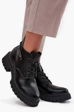 New Niskie Ocieplane Botki Damskie Na Klocku Z Ozdobnym Paskiem Czarne Therisse Damskie Botki Ocieplane|Botki Sznurowane