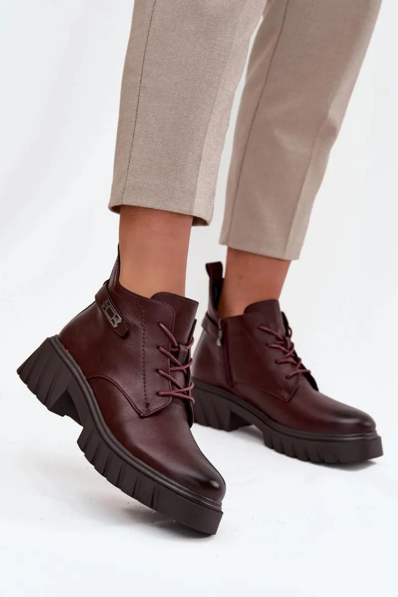 Online Niskie Ocieplane Botki Damskie Na Klocku Z Ozdobnym Paskiem Bordowe Therisse Damskie Botki Ocieplane|Botki Sznurowane
