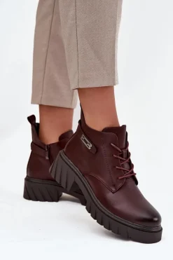 Online Niskie Ocieplane Botki Damskie Na Klocku Z Ozdobnym Paskiem Bordowe Therisse Damskie Botki Ocieplane|Botki Sznurowane