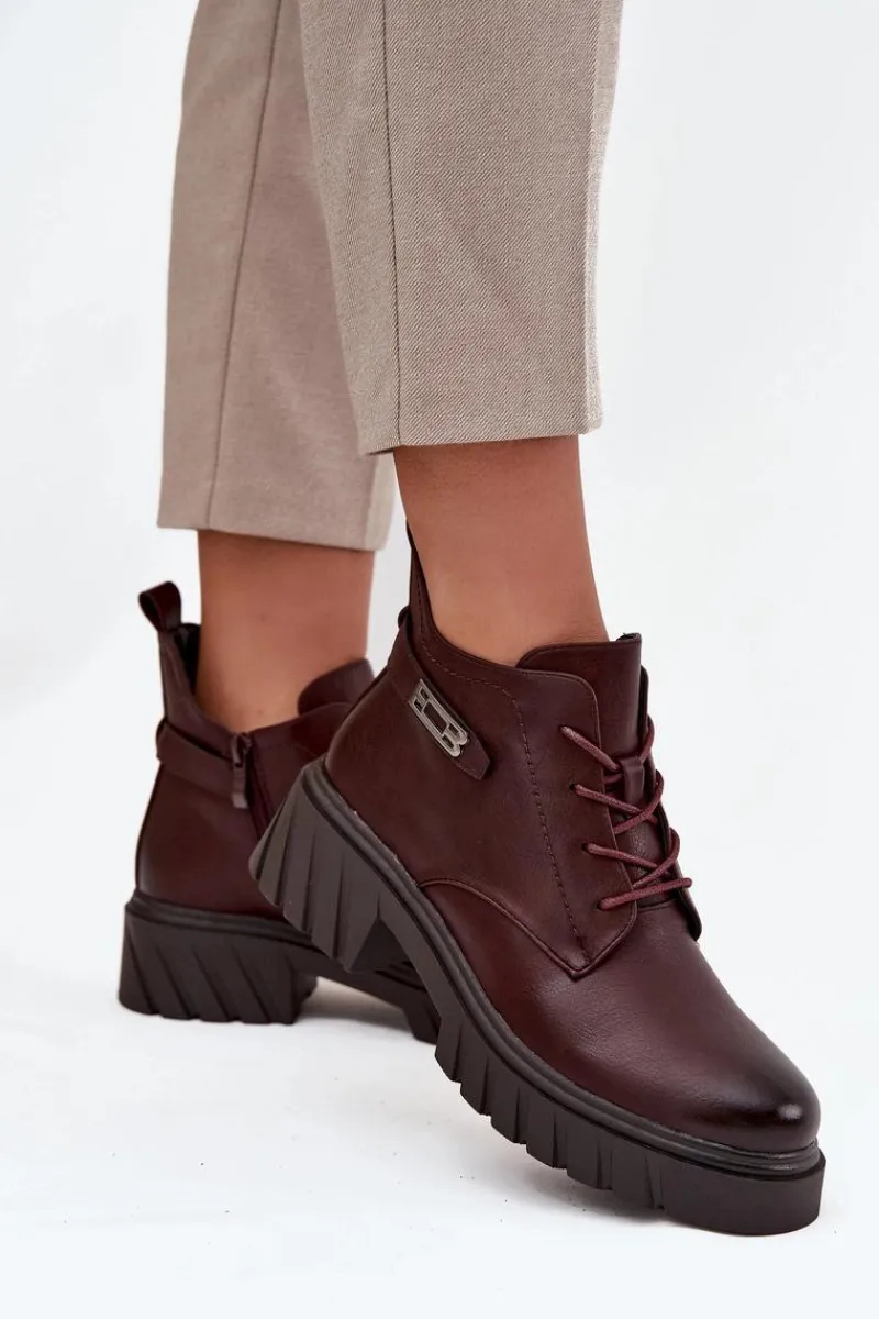 Online Niskie Ocieplane Botki Damskie Na Klocku Z Ozdobnym Paskiem Bordowe Therisse Damskie Botki Ocieplane|Botki Sznurowane
