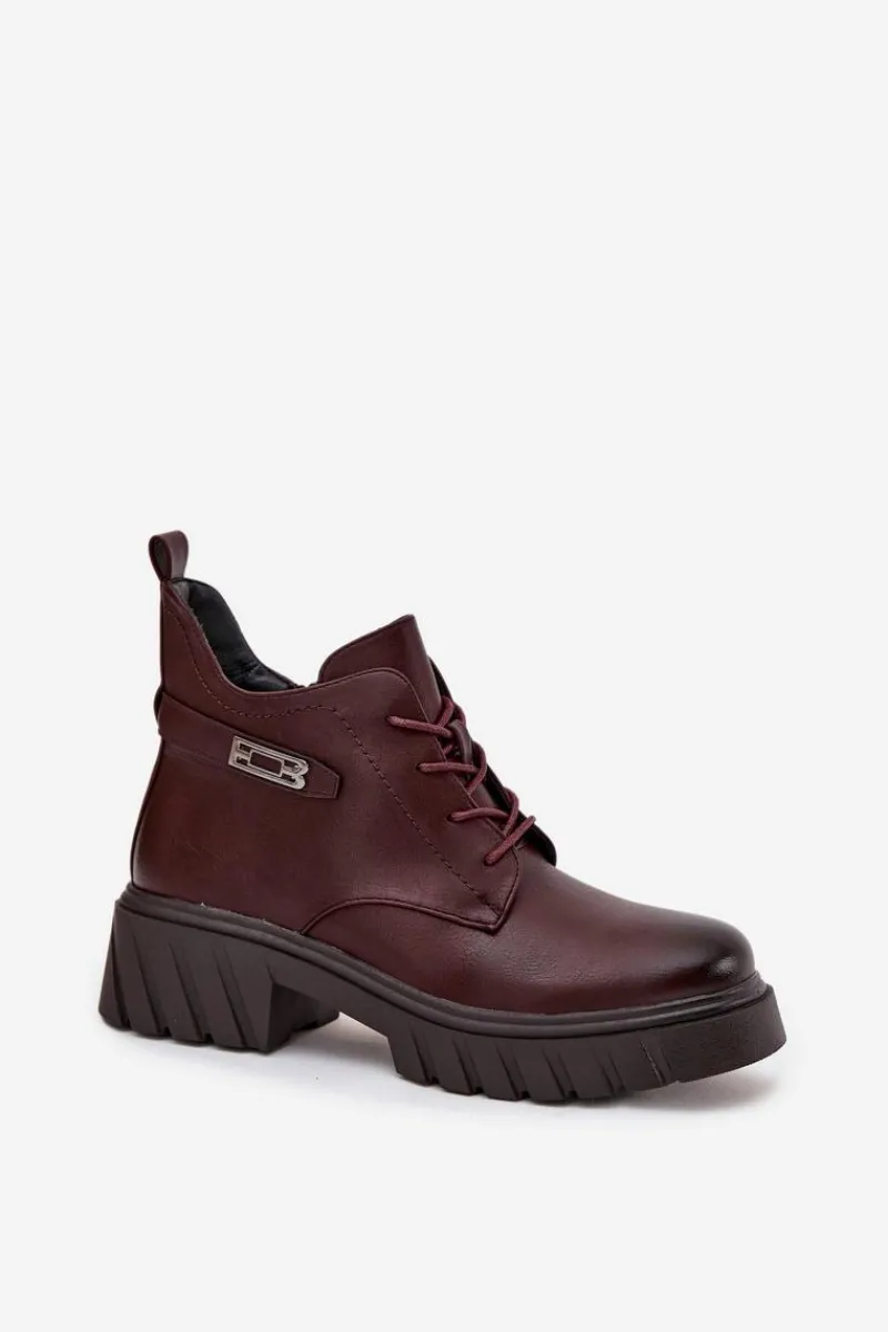 Online Niskie Ocieplane Botki Damskie Na Klocku Z Ozdobnym Paskiem Bordowe Therisse Damskie Botki Ocieplane|Botki Sznurowane