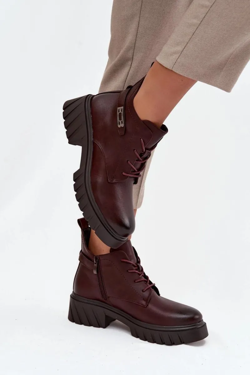 Online Niskie Ocieplane Botki Damskie Na Klocku Z Ozdobnym Paskiem Bordowe Therisse Damskie Botki Ocieplane|Botki Sznurowane