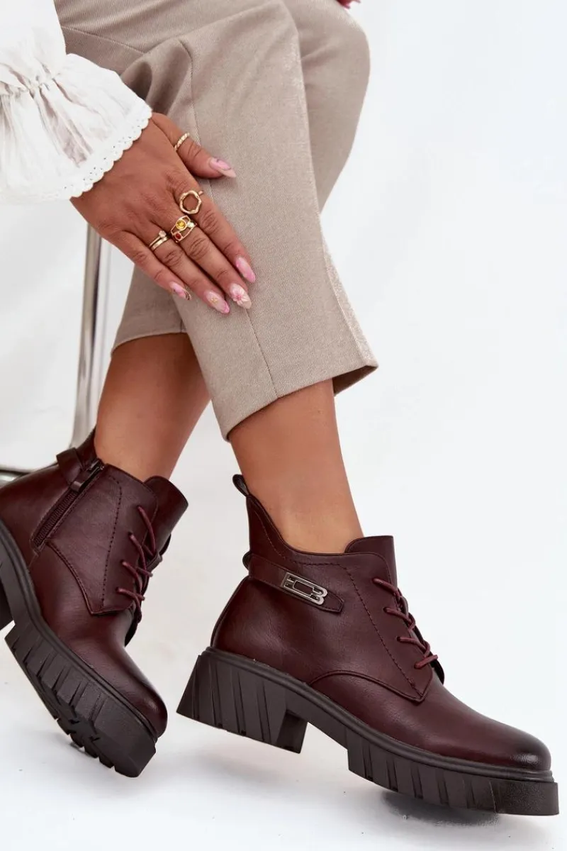 Online Niskie Ocieplane Botki Damskie Na Klocku Z Ozdobnym Paskiem Bordowe Therisse Damskie Botki Ocieplane|Botki Sznurowane
