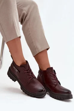 Online Niskie Ocieplane Botki Damskie Na Klocku Z Ozdobnym Paskiem Bordowe Therisse Damskie Botki Ocieplane|Botki Sznurowane