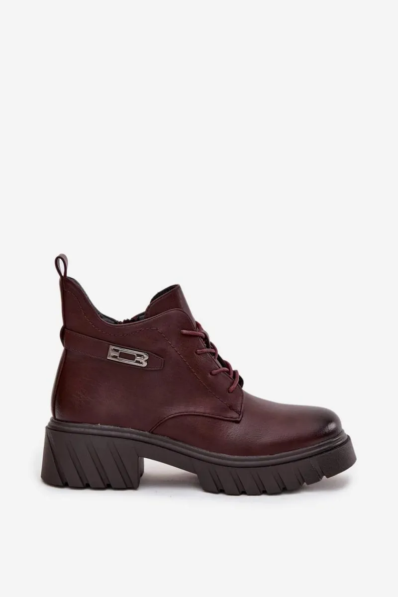 Online Niskie Ocieplane Botki Damskie Na Klocku Z Ozdobnym Paskiem Bordowe Therisse Damskie Botki Ocieplane|Botki Sznurowane