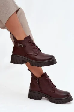 Online Niskie Ocieplane Botki Damskie Na Klocku Z Ozdobnym Paskiem Bordowe Therisse Damskie Botki Ocieplane|Botki Sznurowane