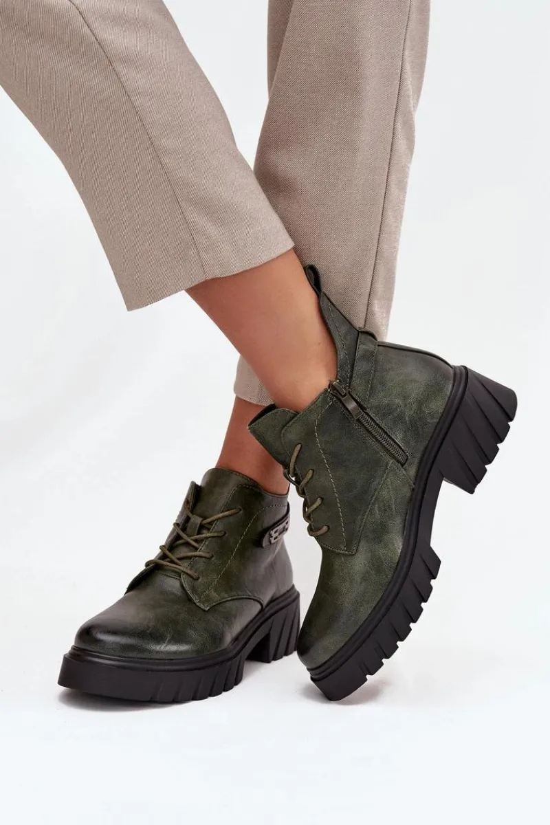 Sale Boto Niskie Ocieplane Botki Damskie Na Klocku Z Ozdobnym Paskiem Ciemnozielone Therisse Zielony