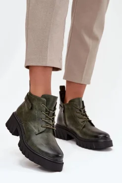Sale Boto Niskie Ocieplane Botki Damskie Na Klocku Z Ozdobnym Paskiem Ciemnozielone Therisse Zielony