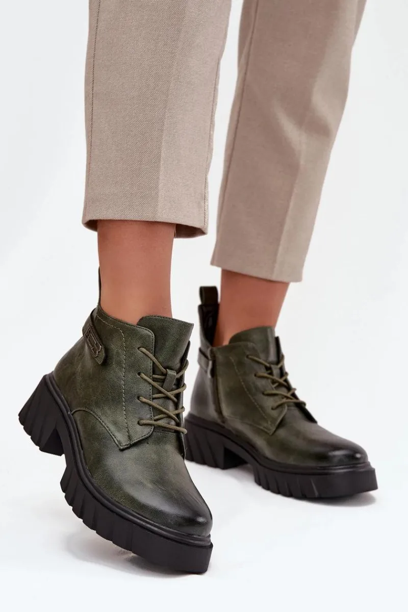 Sale Boto Niskie Ocieplane Botki Damskie Na Klocku Z Ozdobnym Paskiem Ciemnozielone Therisse Zielony