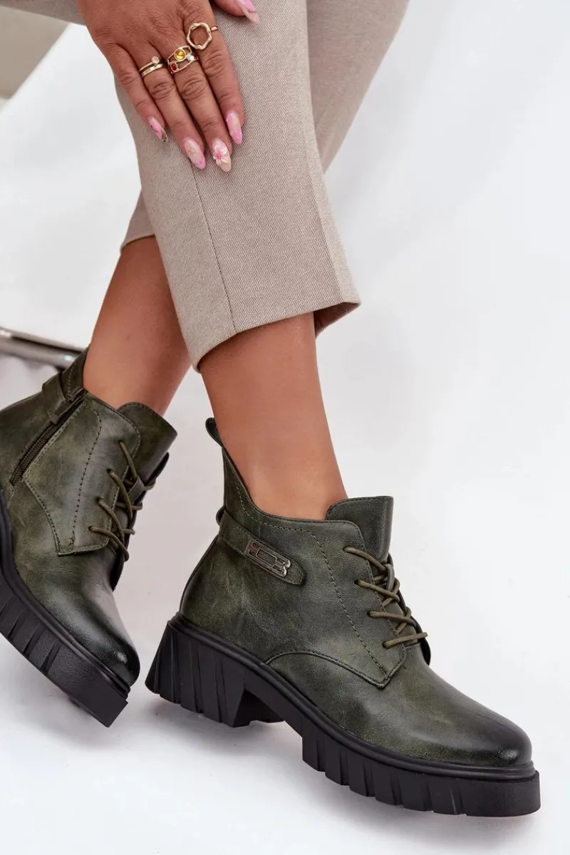 Sale Boto Niskie Ocieplane Botki Damskie Na Klocku Z Ozdobnym Paskiem Ciemnozielone Therisse Zielony