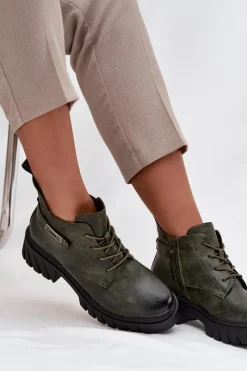 Sale Boto Niskie Ocieplane Botki Damskie Na Klocku Z Ozdobnym Paskiem Ciemnozielone Therisse Zielony