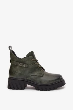 Sale Boto Niskie Ocieplane Botki Damskie Na Klocku Z Ozdobnym Paskiem Ciemnozielone Therisse Zielony