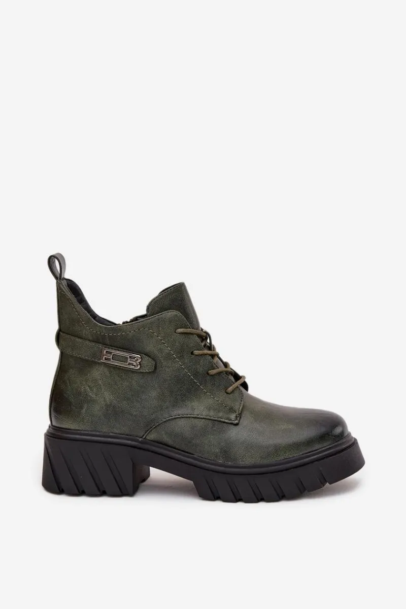 Sale Boto Niskie Ocieplane Botki Damskie Na Klocku Z Ozdobnym Paskiem Ciemnozielone Therisse Zielony