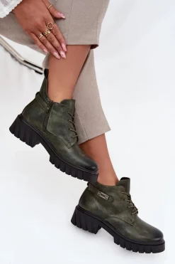 Sale Boto Niskie Ocieplane Botki Damskie Na Klocku Z Ozdobnym Paskiem Ciemnozielone Therisse Zielony
