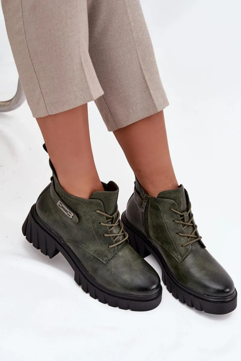 Sale Boto Niskie Ocieplane Botki Damskie Na Klocku Z Ozdobnym Paskiem Ciemnozielone Therisse Zielony