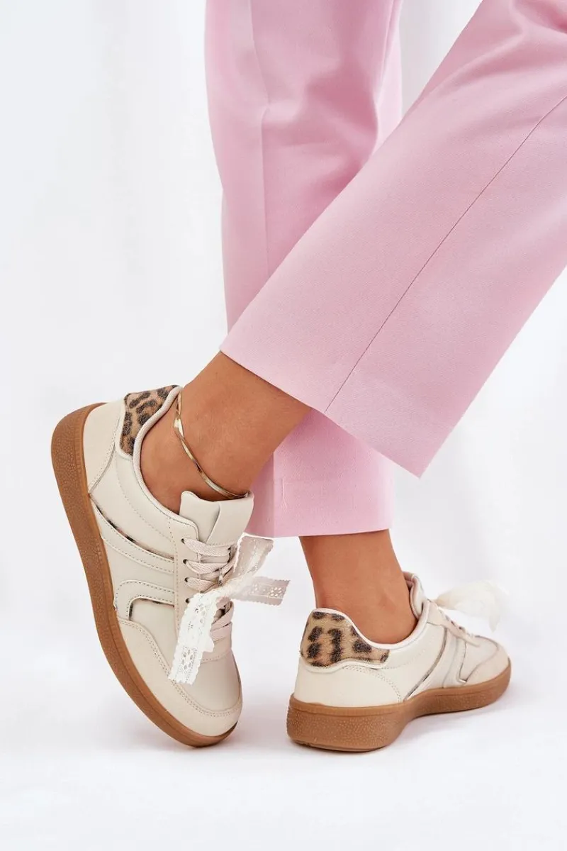 Boto Niskie Sneakersy Damskie Z Koronką Panterka Beżowe Zielle Beżowy