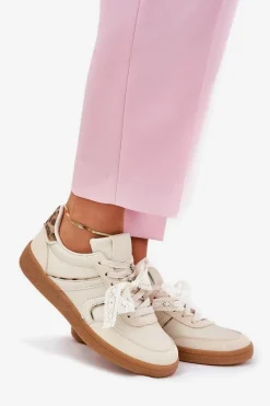 Boto Niskie Sneakersy Damskie Z Koronką Panterka Beżowe Zielle Beżowy