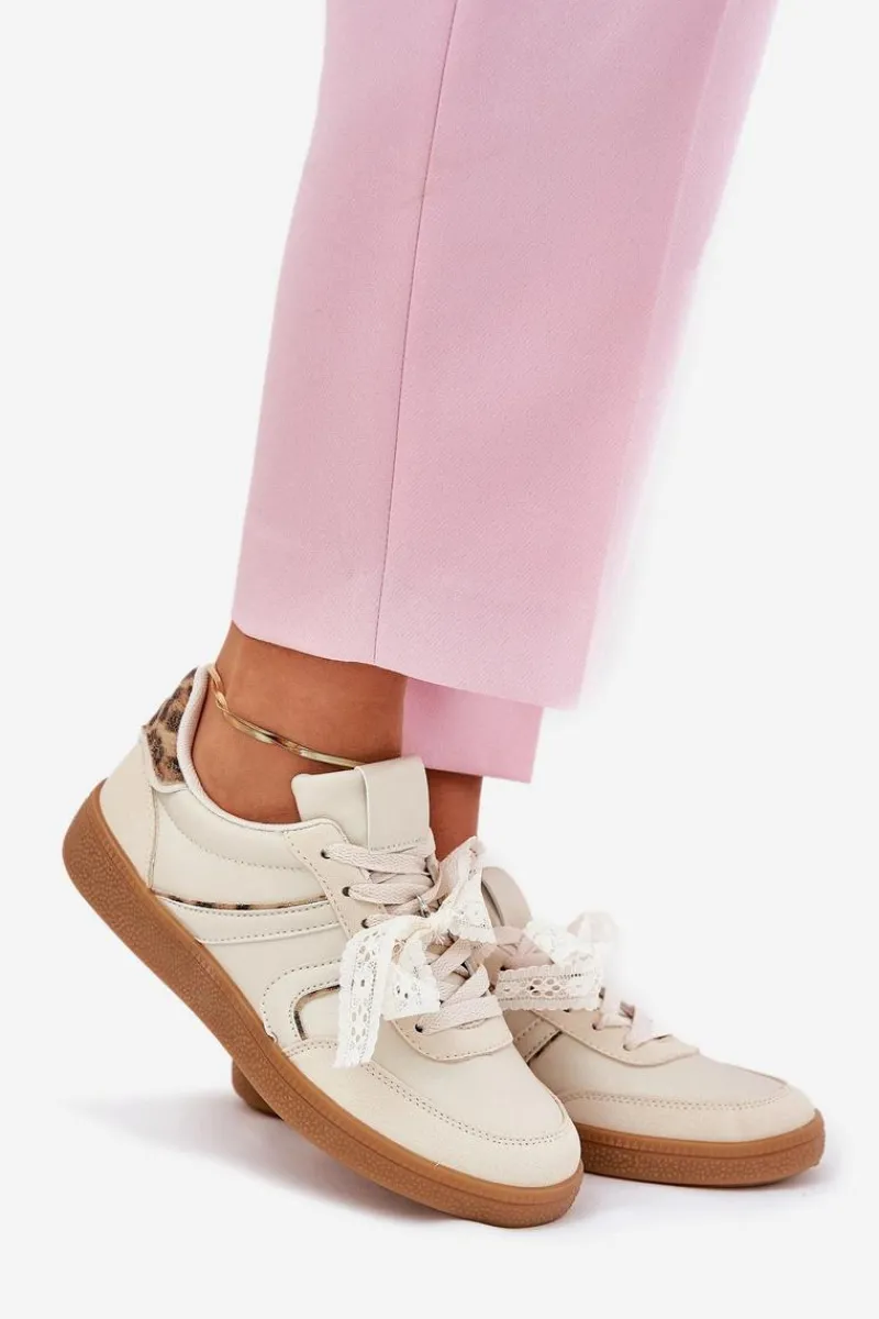 Boto Niskie Sneakersy Damskie Z Koronką Panterka Beżowe Zielle Beżowy