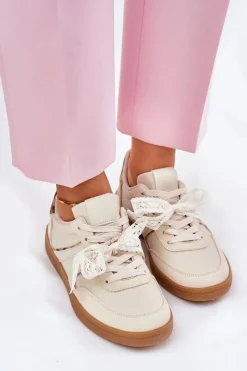 Boto Niskie Sneakersy Damskie Z Koronką Panterka Beżowe Zielle Beżowy