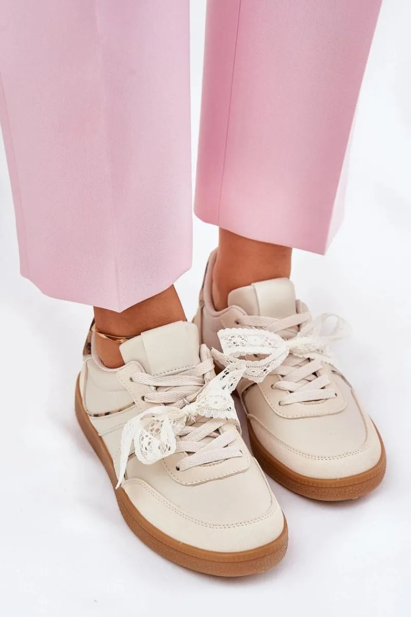 Boto Niskie Sneakersy Damskie Z Koronką Panterka Beżowe Zielle Beżowy