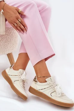 Boto Niskie Sneakersy Damskie Z Koronką Panterka Beżowe Zielle Beżowy