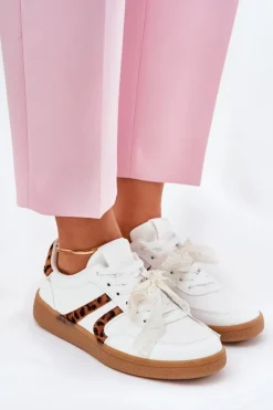 Sneakersy Damskie>Boto Niskie Sneakersy Damskie Z Koronką Panterka Białe Zielle Biały