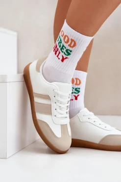 Sneakersy Damskie>Boto Niskie Sneakersy Damskie Z Eko Skóry Beżowo-Białe Nonalorin