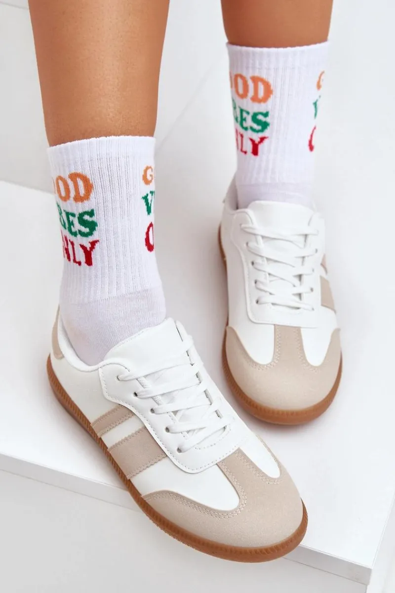 Sneakersy Damskie>Boto Niskie Sneakersy Damskie Z Eko Skóry Beżowo-Białe Nonalorin