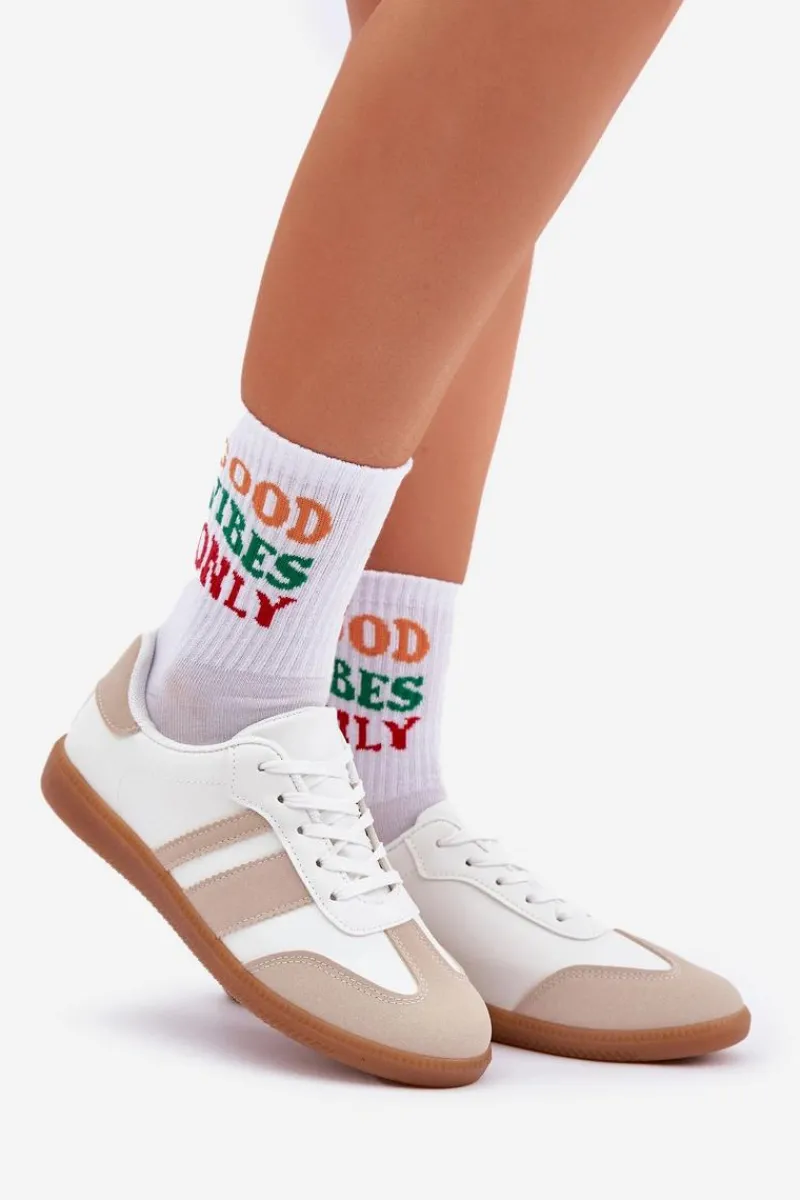 Sneakersy Damskie>Boto Niskie Sneakersy Damskie Z Eko Skóry Beżowo-Białe Nonalorin