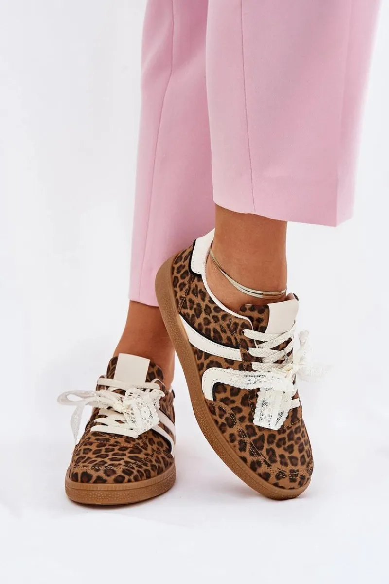 Sneakersy Damskie>Boto Niskie Sneakersy Damskie Z Koronką Panterka Brązowe Zielle Brązowy