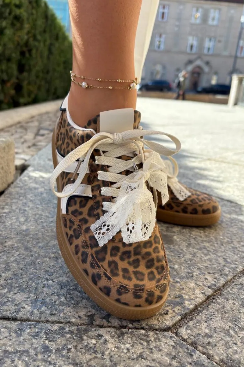 Sneakersy Damskie>Boto Niskie Sneakersy Damskie Z Koronką Panterka Brązowe Zielle Brązowy