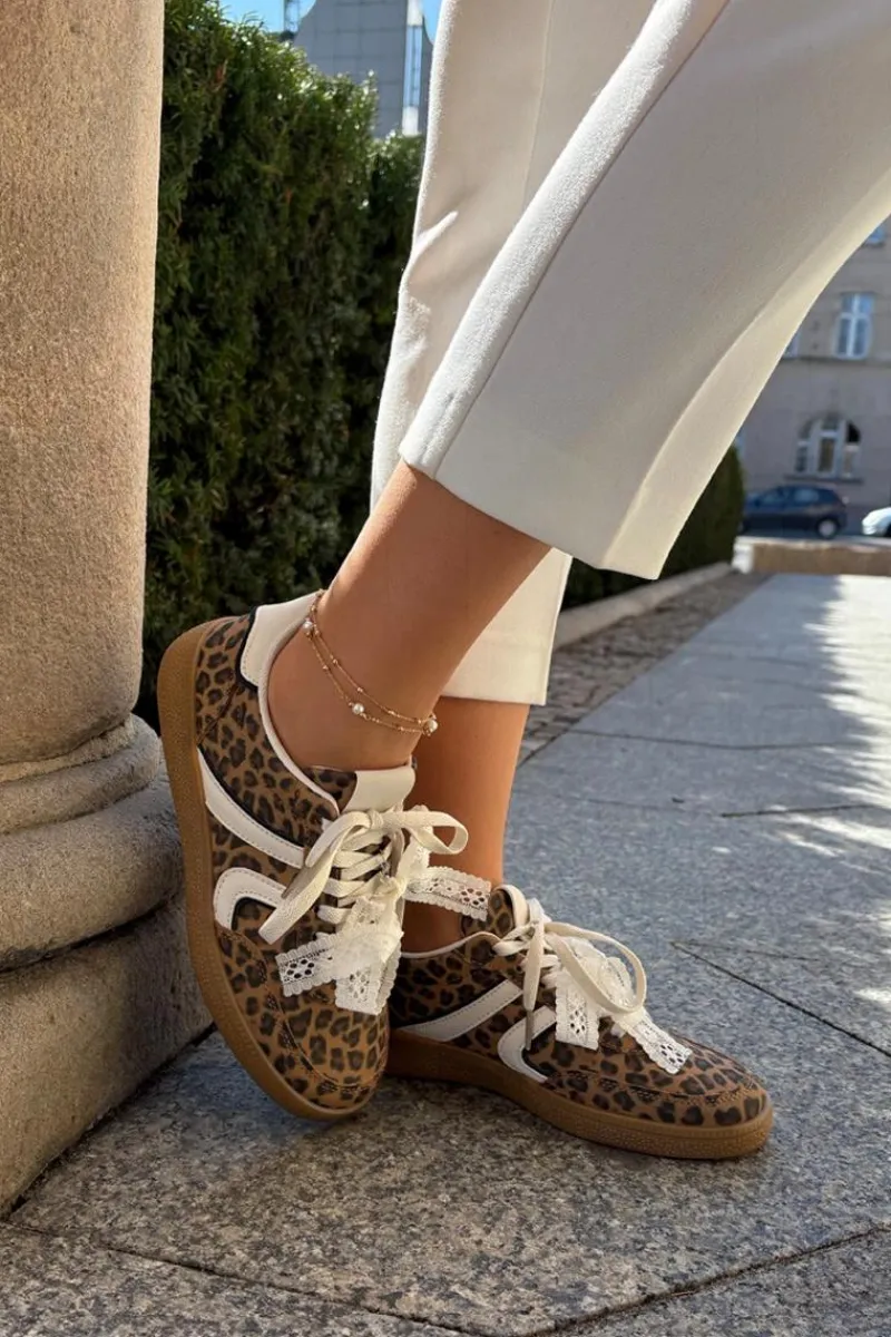 Sneakersy Damskie>Boto Niskie Sneakersy Damskie Z Koronką Panterka Brązowe Zielle Brązowy