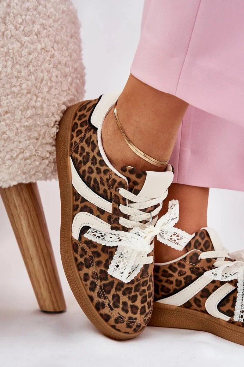 Sneakersy Damskie>Boto Niskie Sneakersy Damskie Z Koronką Panterka Brązowe Zielle Brązowy