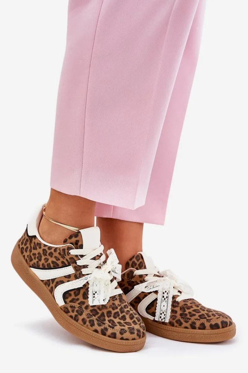 Sneakersy Damskie>Boto Niskie Sneakersy Damskie Z Koronką Panterka Brązowe Zielle Brązowy