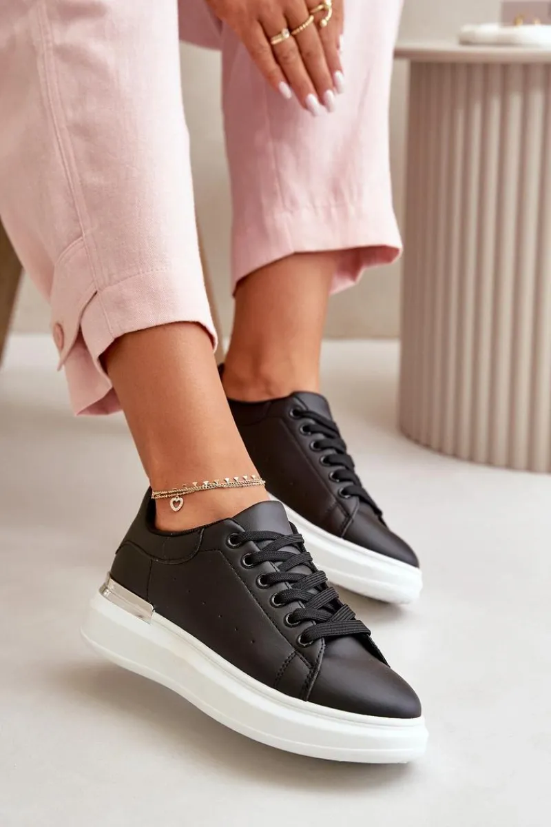 Trampki Damskie Niskie>Boto Niskie Trampki Damskie Na Platformie Z Eko Skóry Czarne Nevelena