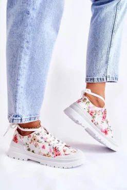 Discount Niskie Trampki Wiązane W Kwiaty Białe Amissa Damskie Trampki Damskie Niskie