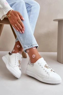 Discount Boto Niskie Trampki Z Eko Skóry Z Przypinkami Biało-Srebrne Cillione