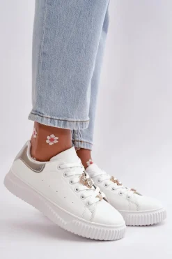 Discount Boto Niskie Trampki Z Eko Skóry Z Przypinkami Biało-Srebrne Cillione