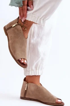 Sale Niskie Zamszowe Botki Sandały Nicole 2799/023 Beżowe Damskie Sandały Płaskie|Botki Wiosenne