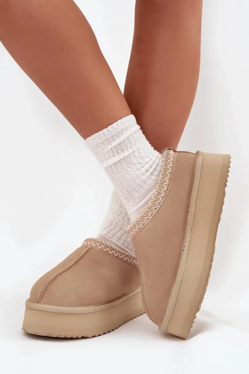 Buty damskie Vinceza Niskie Zamszowe Śniegowce Damskie Z Haftem Na Platformie Vinceza 97960 Beżowe