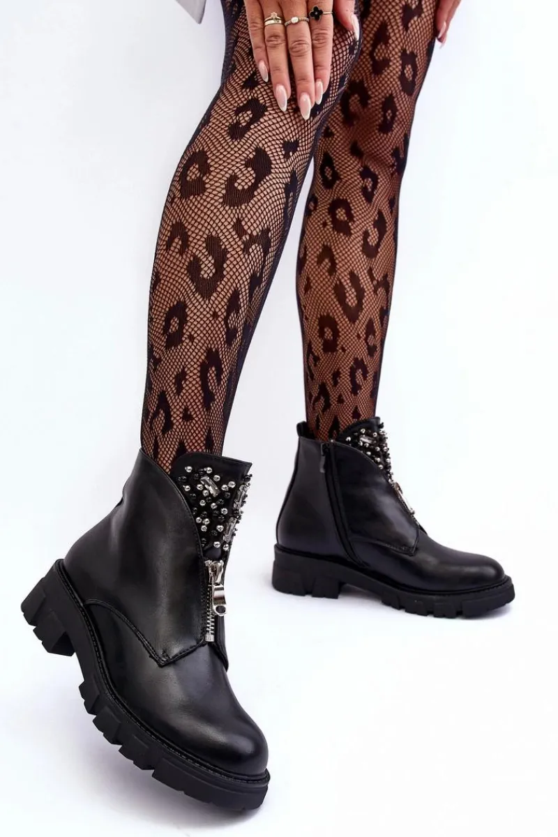 Sale Boto Niskie Zdobione Skórzane Botki Z Suwakiem Czarne Escika